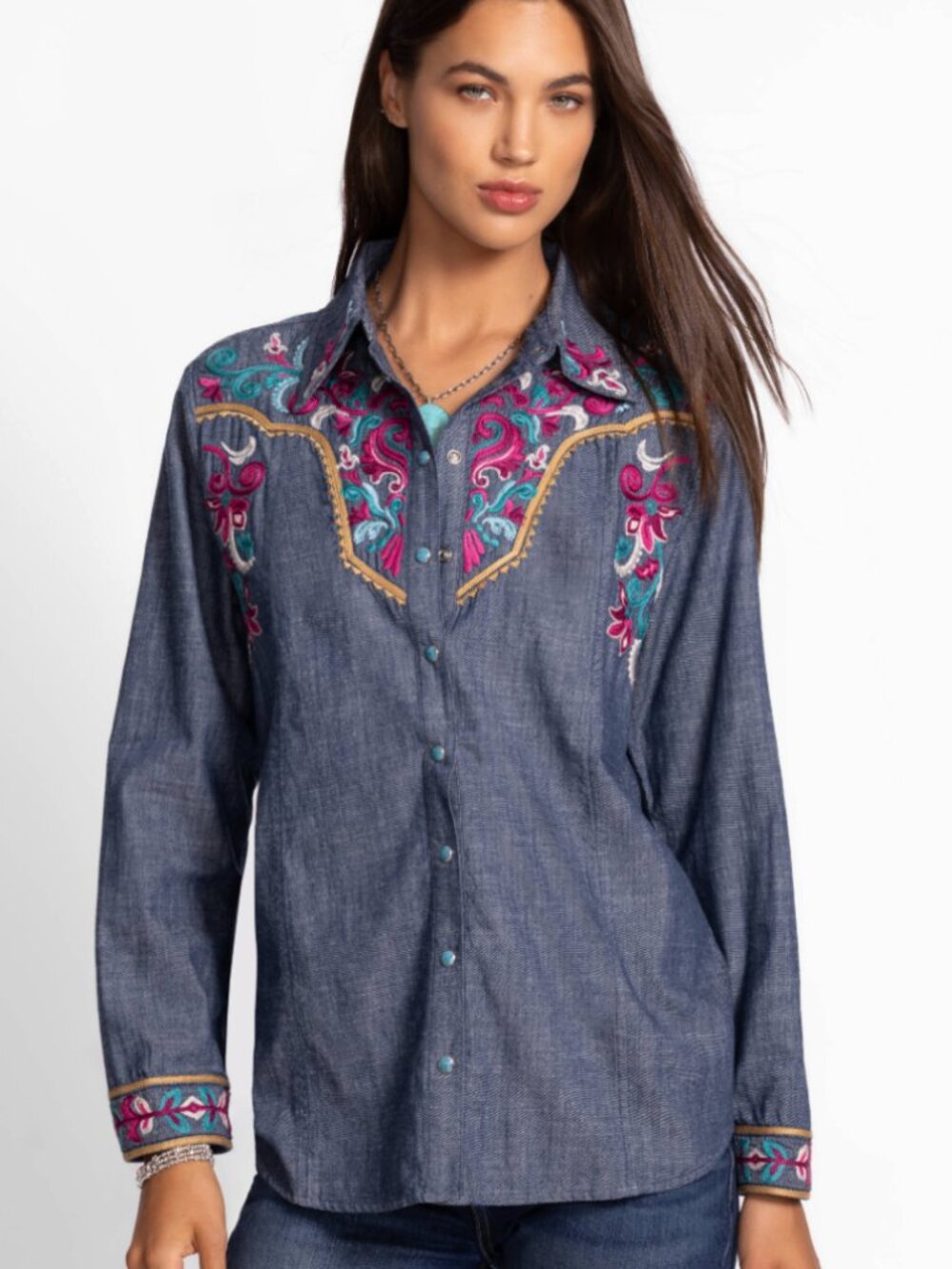 Johnny Was Deidre Western Seamed Yoke Embroidered Shirt Blouse L NWT